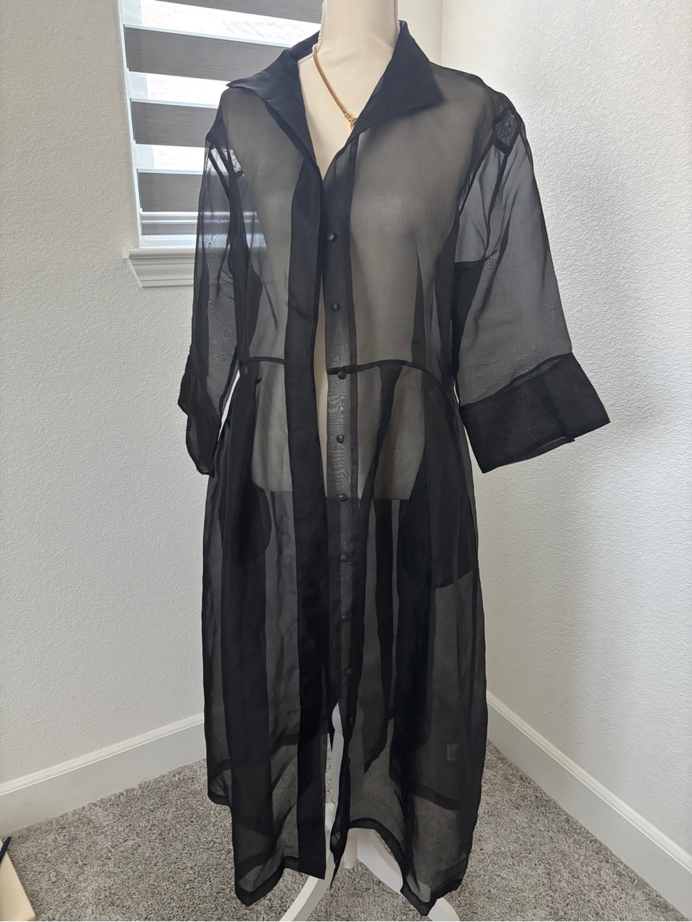 Jarbo  M Sheer Black Long Button-Front Robe - Women Intimates & Sleepwear